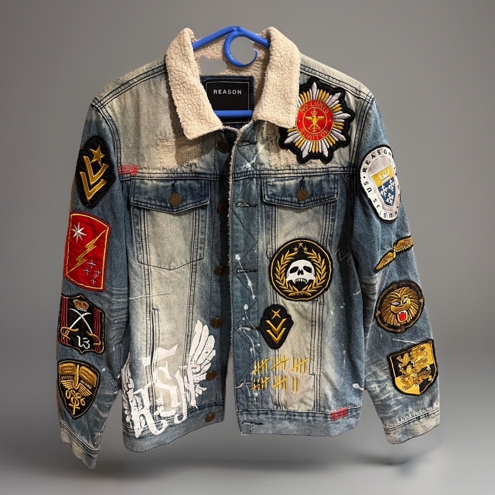 REASON Mens Denim Jean Jacket Patchwork Mulberry Moto Designed in NYC SMALL
